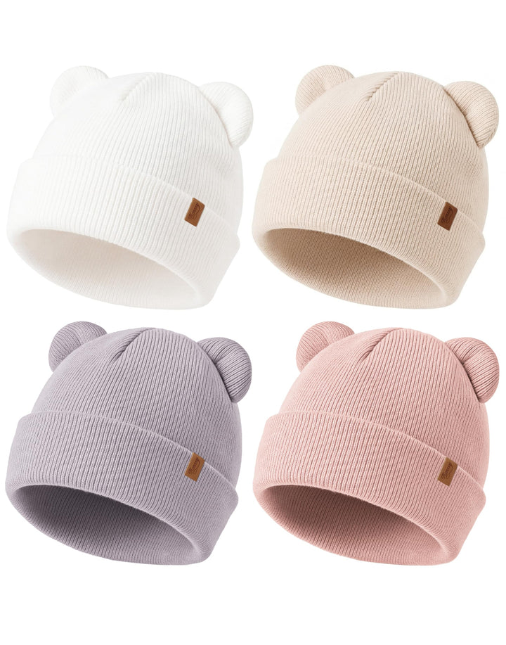 Konssy 4 Pack Baby Beanies with Bear Ear Winter Hat for Newborn 0-6 Months - Purple - image 1