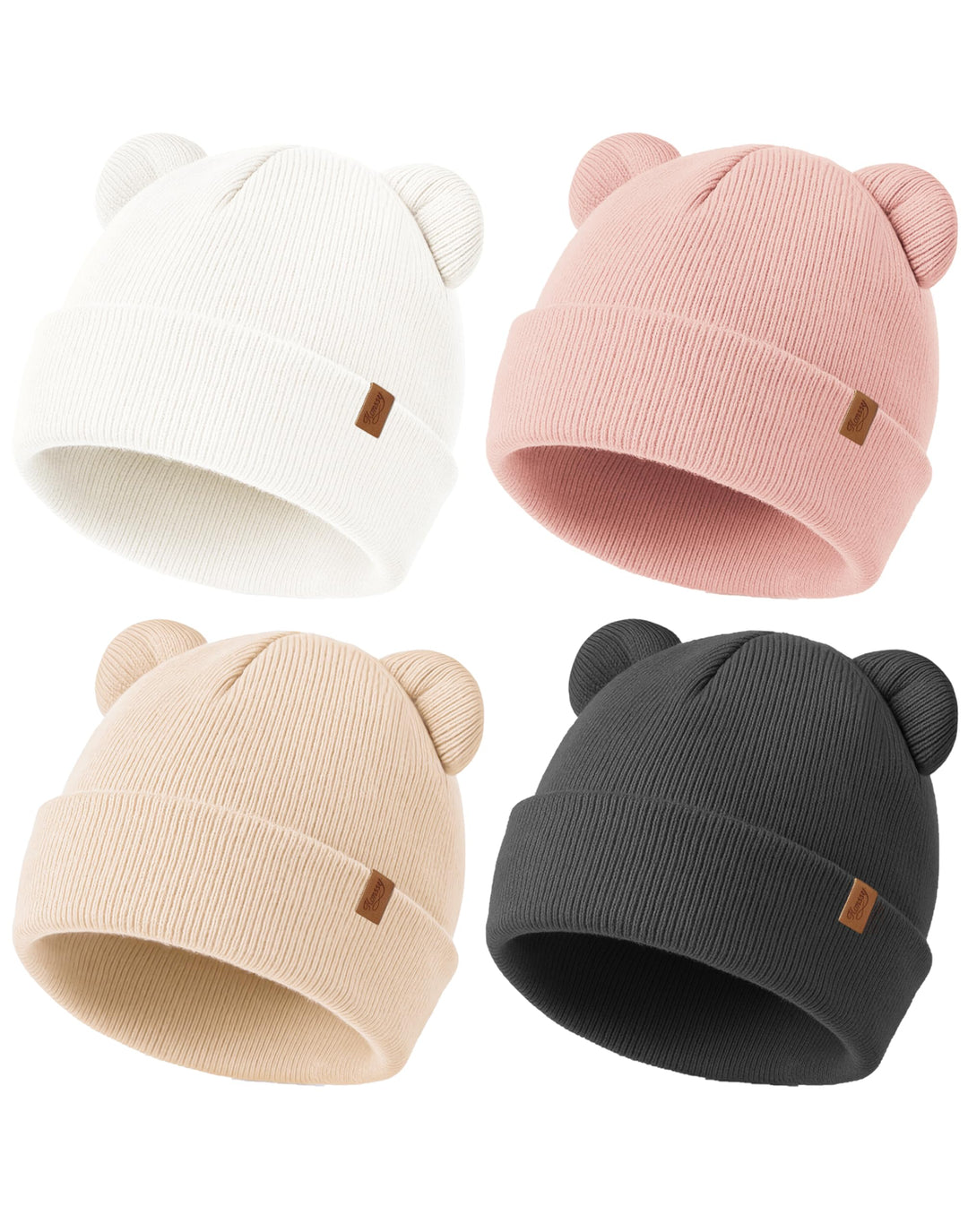 Konssy 4 Pack Baby Beanies with Bear Ear Winter Hat for Newborn 0-6 Months - Pink - image 1