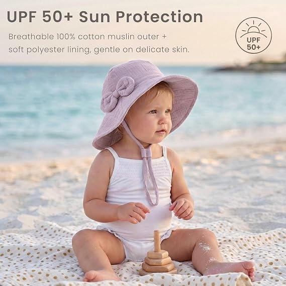 Konssy 2-Pack Muslin Baby Sun Hats for Girls with Bows, UPF 50+/100% Cotton, Sun Protection, Baby Bucket Hat, Adjustable Chin Strap, for Newborn &Infant, 0-6& 6-12 Months