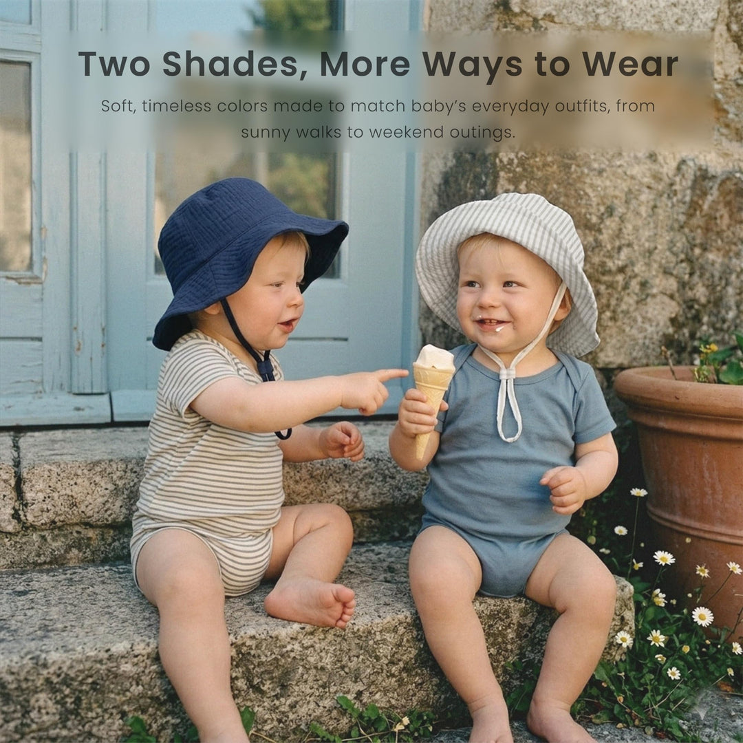 Konssy Muslin Baby Boy Sun Hat 2-Pack, Infant Sun Hat with Wide Brim, UPF 50+ Baby Beach Hat for 0-6 Months - Navy-grey stripe - image 5