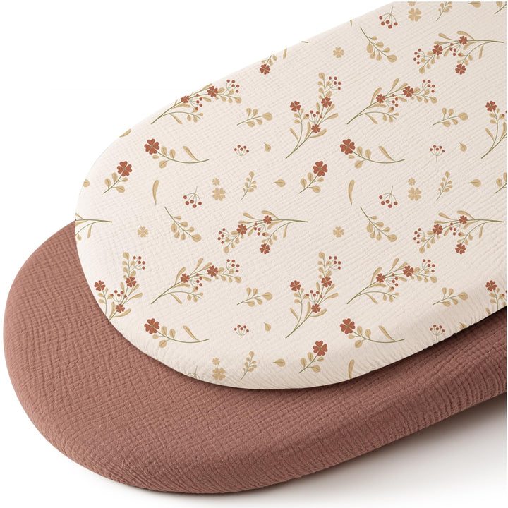 Konssy 2 Pack Muslin Bassinet Sheets for Baby Girls Boys, 32"x16" - Chestnut,Posy - image 1
