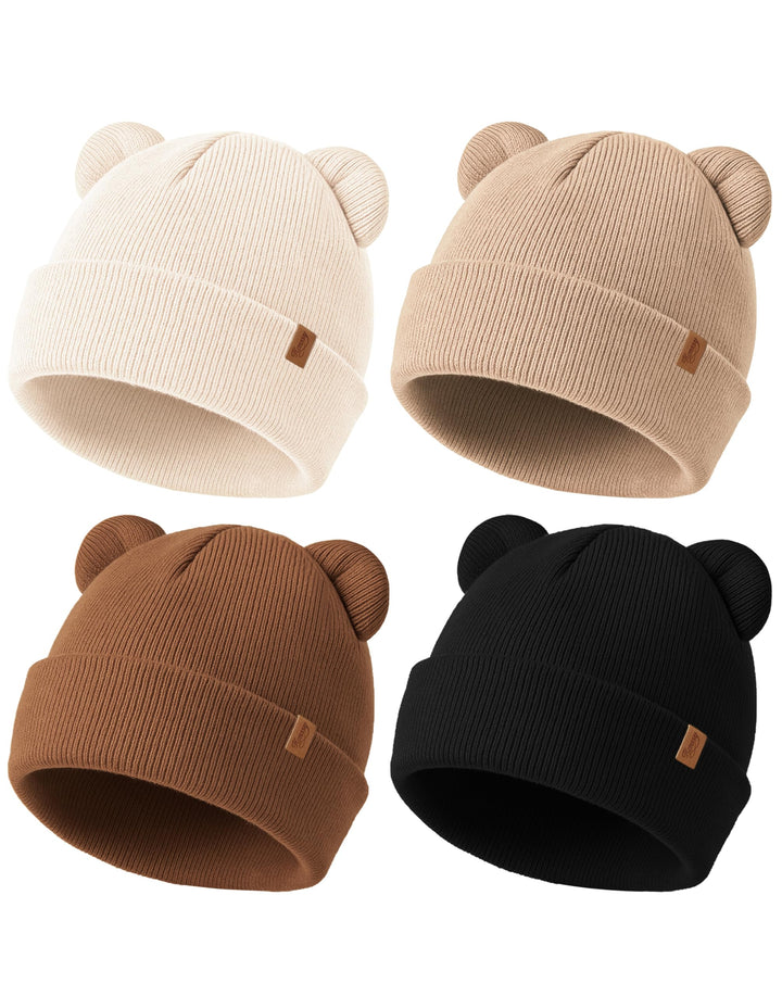 Konssy 4 Pack Baby Beanies with Bear Ear Winter Hat for Newborn 0-6 Months - Brown - image 1