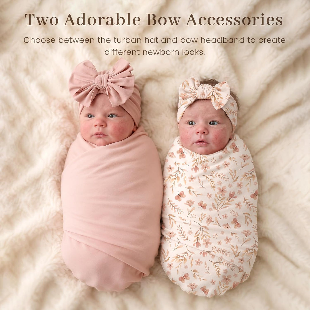 Konssy Baby Swaddle Blanket Set for Girl, 4-Piece Newborn Receiving Blanket/Soft & Stretchy, Matching Bow Hat, Headband and Wooden Sign, Floral & Solid, Newborn Photos and Birth Announcements