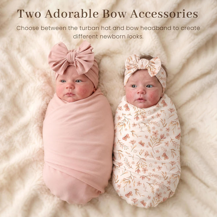 Konssy Baby Swaddle Blanket Set for Girl, 4-Piece Newborn Receiving Blanket/Soft & Stretchy, Matching Bow Hat, Headband and Wooden Sign, Floral & Solid, Newborn Photos and Birth Announcements