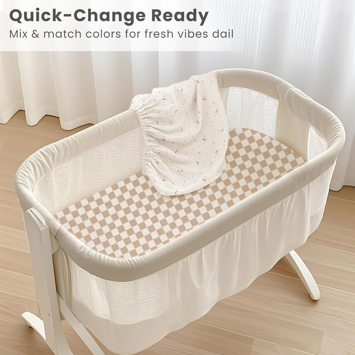 Konssy 2 Pack Muslin Bassinet Sheets for Baby Girls Boys, 33"x21" - Coffee Check,Moon - image 5