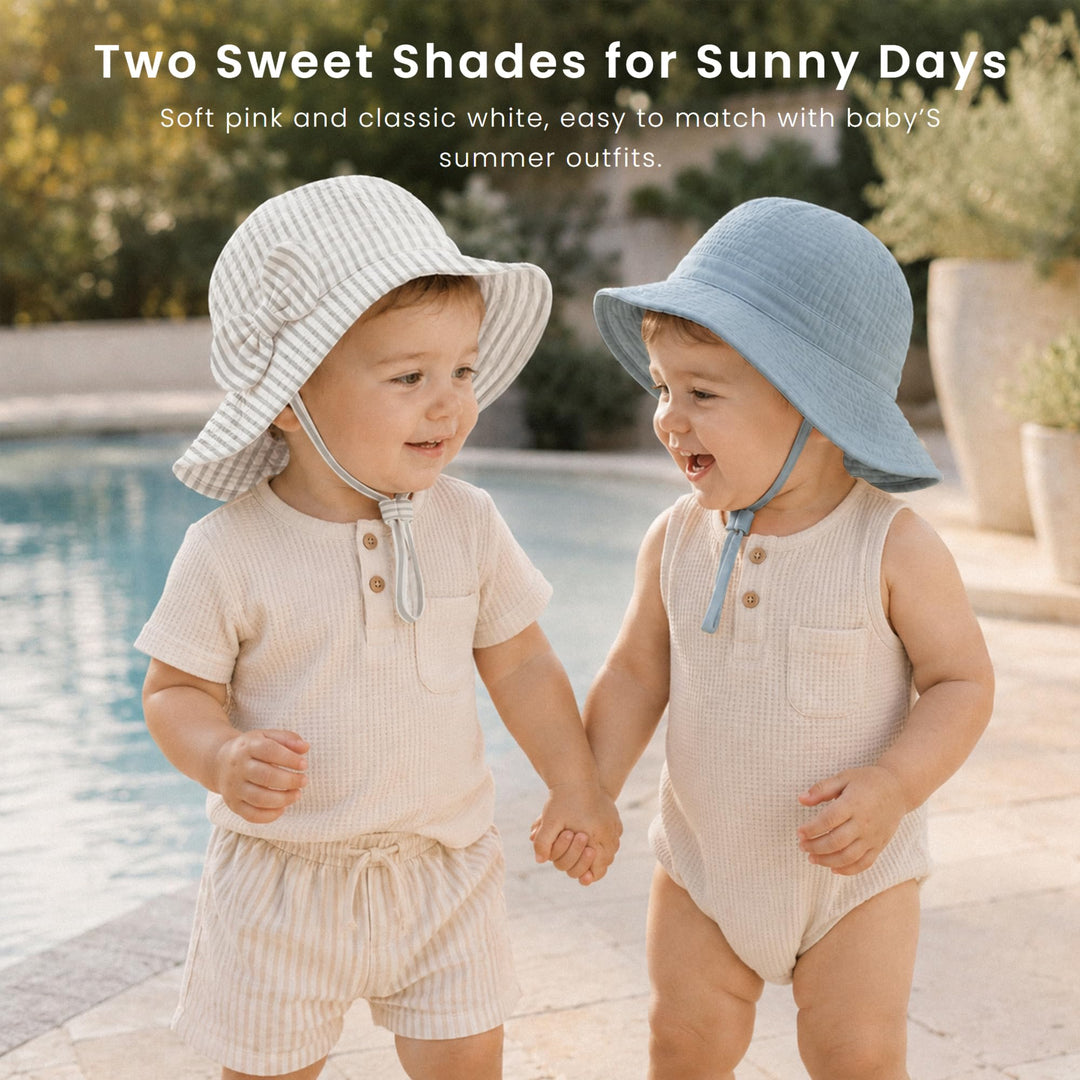 Konssy 2-Pack Muslin Baby Sun Hats for Girls with Bows, UPF 50+ - Grey Stripe Blue - image 4