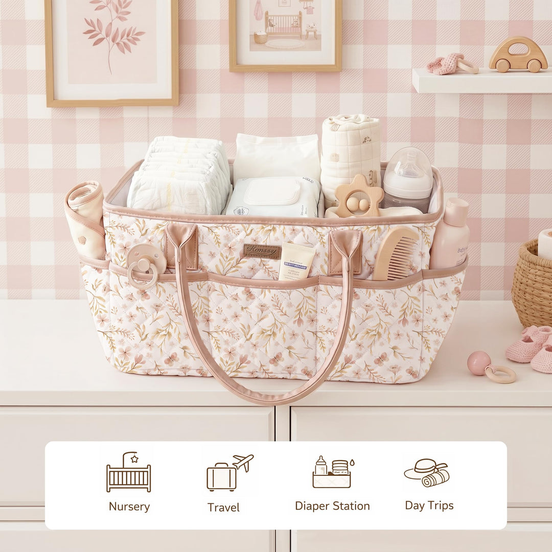 Konssy Baby Diaper Caddy Organizer, Floral Design with PU Leather Handles - Pink Spring - image 8