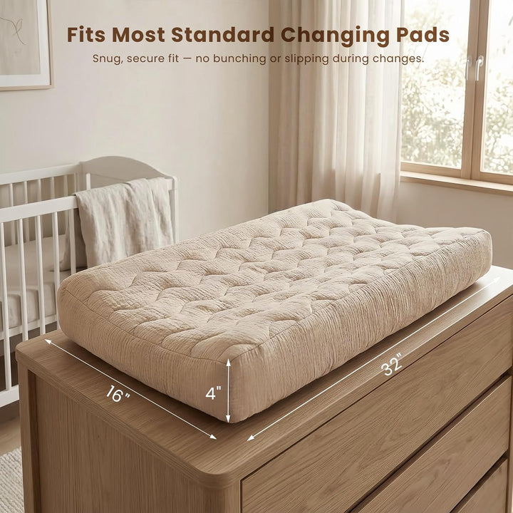 Konssy Waterproof Muslin Changing Pad Cover 2 Pack, 100% Cotton Quilted Diaper Changing Table Sheets, Soft Breathable Boho Nursery Bedding for Baby, Silent & Absorbent Standard Fit