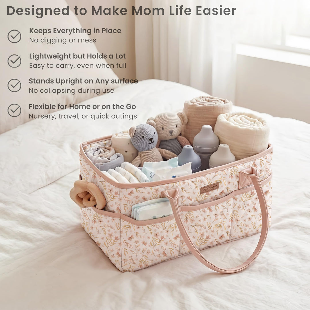 Konssy Baby Diaper Caddy Organizer, Floral Design with PU Leather Handles - Pink Spring - image 4