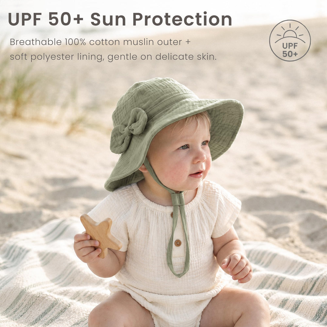 Konssy 2-Pack Muslin Baby Sun Hats for Girls with Bows, UPF 50+ - Cream Fog Green - image 2