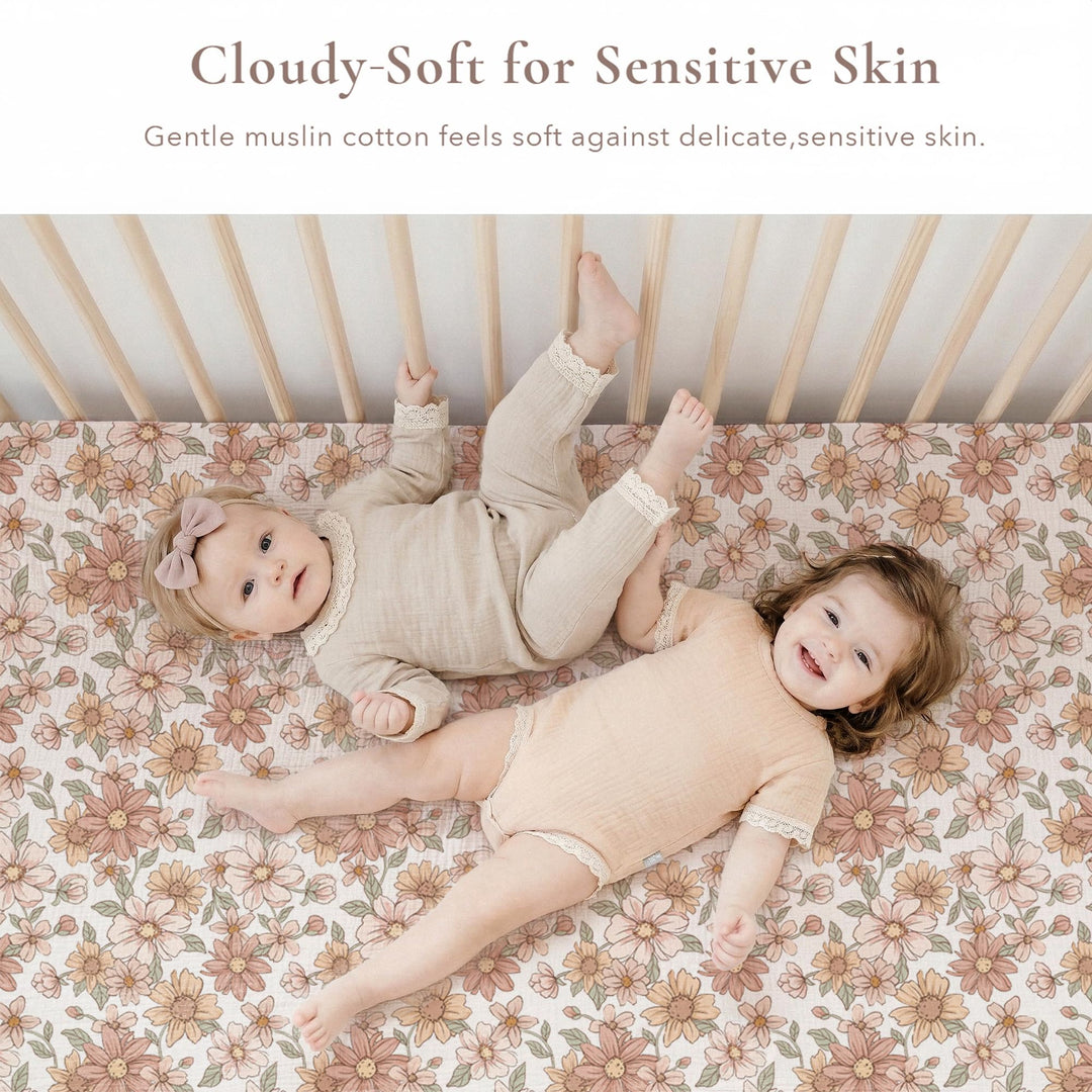 Konssy 2 Pack Muslin Crib Sheets for Standard Crib Mattress, 52" x 28" - Vintage Petals,Taupe - image 4