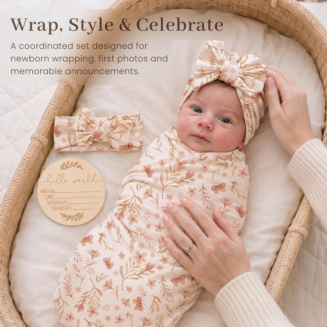 Konssy Baby Swaddle Blanket Set for Girl, 4-Piece Newborn Receiving Blanket/Soft & Stretchy, Matching Bow Hat, Headband and Wooden Sign, Floral & Solid, Newborn Photos and Birth Announcements