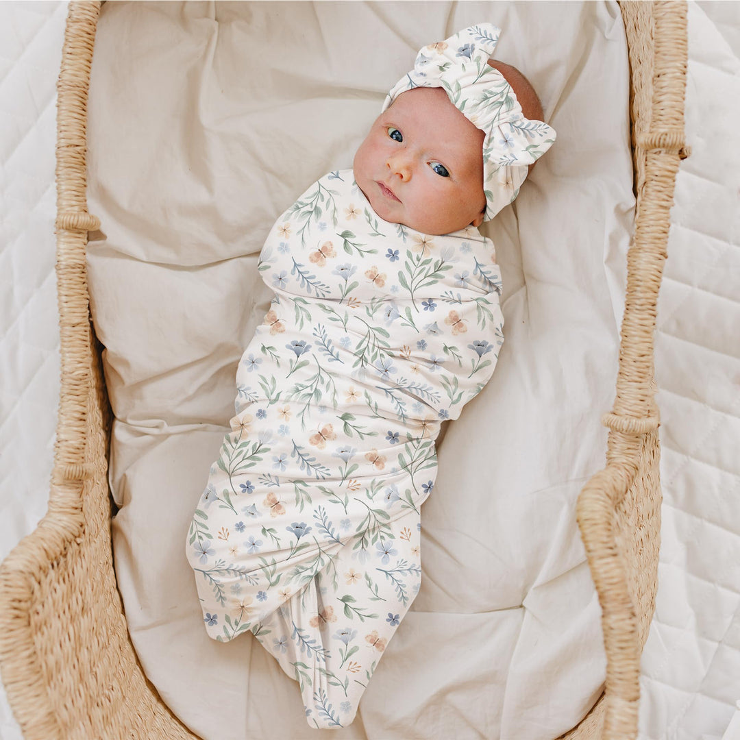 Konssy Baby Blanket & Headband Set, 32 x 32 Inch Swaddle Receiving Blanket - Blue Grass - image 4
