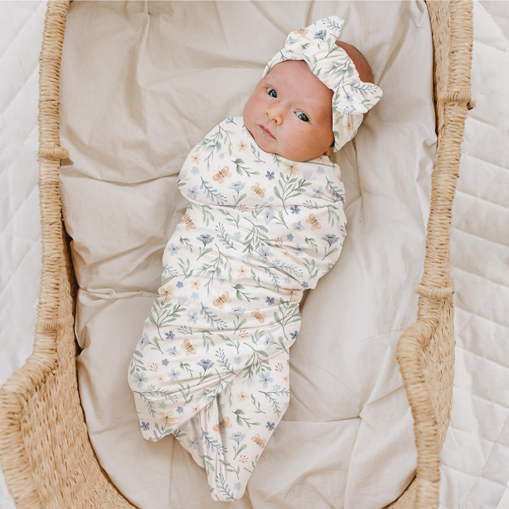 Konssy Baby Blanket & Headband Set, 32 x 32 Inch Swaddle Receiving Blanket - Blue Grass - image 4