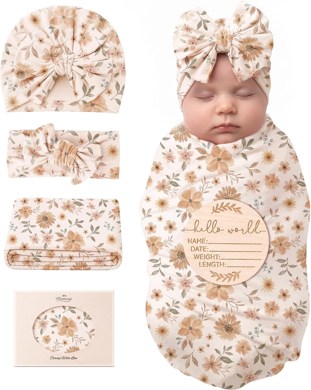 Konssy Baby Swaddle Blanket Set for Girl, 4-Piece Newborn Receiving Blanket/Soft & Stretchy, Matching Bow Hat, Headband and Wooden Sign, Floral & Solid, Newborn Photos and Birth Announcements