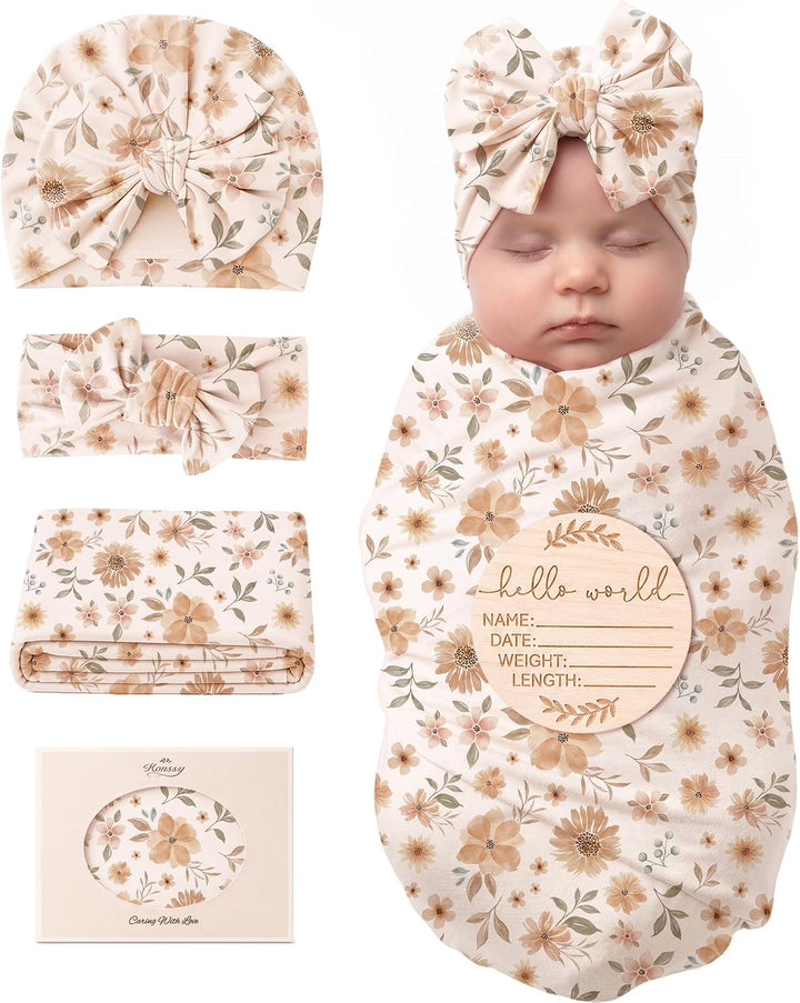 Konssy Baby Swaddle Blanket Set for Girl, 4-Piece Newborn Receiving Blanket/Soft & Stretchy, Matching Bow Hat, Headband and Wooden Sign, Floral & Solid, Newborn Photos and Birth Announcements
