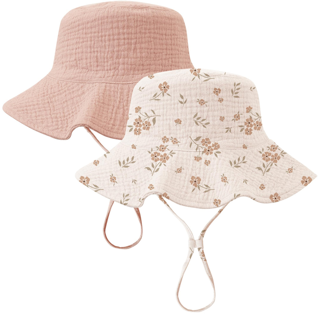 Konssy 2-Pack Muslin Baby Girl Sun Hats with Wide Brim, UPF 50+, 0-6& 6-12M - Pink-floral - image 1