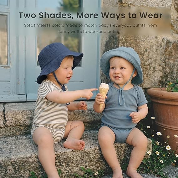 Konssy Muslin Baby Boy Sun Hat 2-Pack, Infant Sun Hat with Wide Brim, UPF 50+ Baby Beach Hat for 0-6 Months