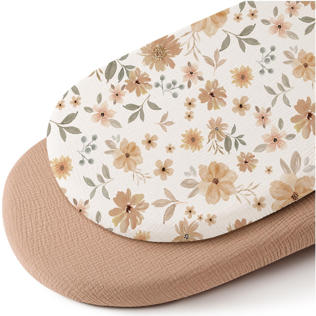 Konssy 2 Pack Muslin Bassinet Sheets for Baby Girls Boys, 32"x16" - Toffee, Flourish - image 1