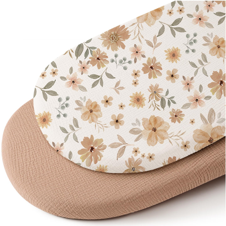 Konssy 2 Pack Muslin Bassinet Sheets for Baby Girls Boys, 32"x16" - Toffee, Flourish - image 1