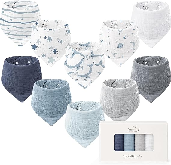 Konssy 10 Pack Baby Muslin Bandana Bibs for Drooling and Teething 100% Cotton, 6-Layer Bibs, Pre-Washed Soft & Absorbent, Adjustable Neck Fit, Boys & Girls 0-36M