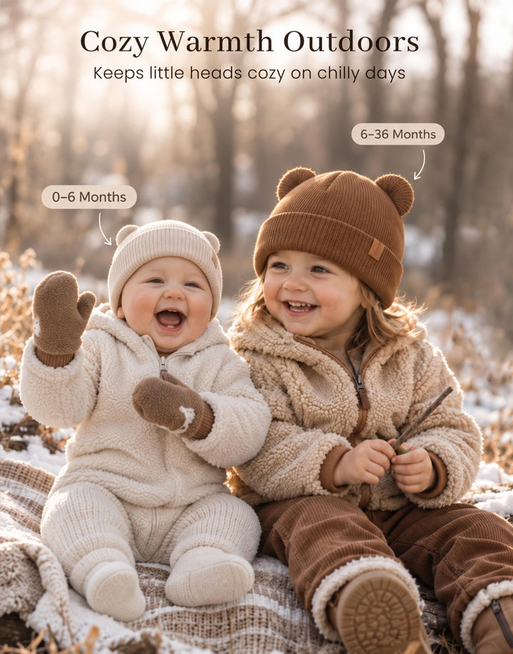 Konssy 4 Pack Baby Beanies with Bear Ear Winter Hat for Newborn 0-6 Months - Brown - image 8