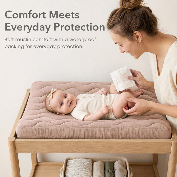 Konssy 2 Pack Quilted Muslin Changing Pad Cover, Waterproof Layer 32" x 16" - Biscotti - image 2