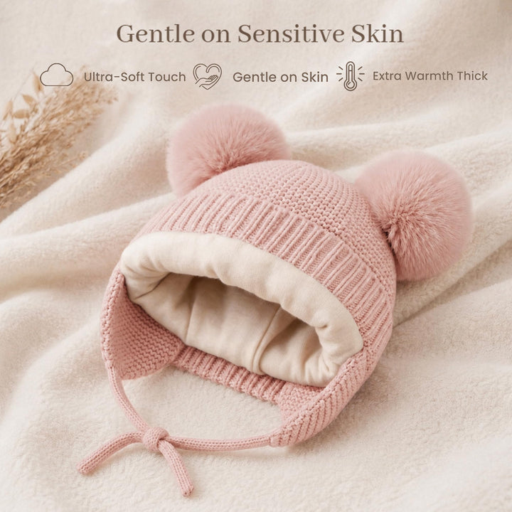 Konssy 2 Pack Baby Beanie Hat with Ear Flaps, Newborn Winter Hat 0-6 Months - Deep Wheat Apricot, Light Apricot - image 2