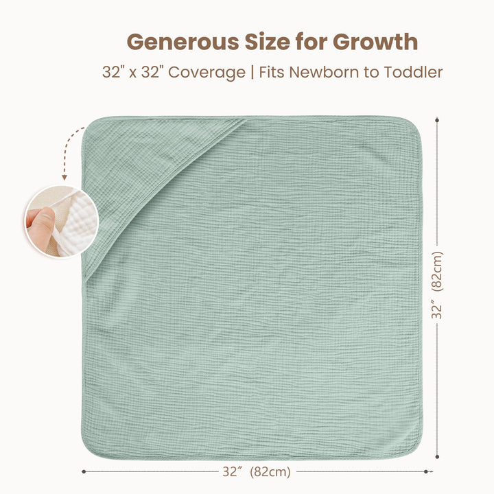 Konssy 2-Pack 100% Muslin Cotton Hooded Baby Bath Towels for Boys and Girls - Green, Leafy - image 6