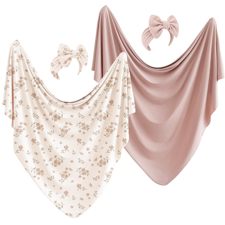 Konssy 2-Pack Stretchy Swaddle Blankets, Baby Receiving Blankets, 41"x41" - Taupe, Blossom - image 1