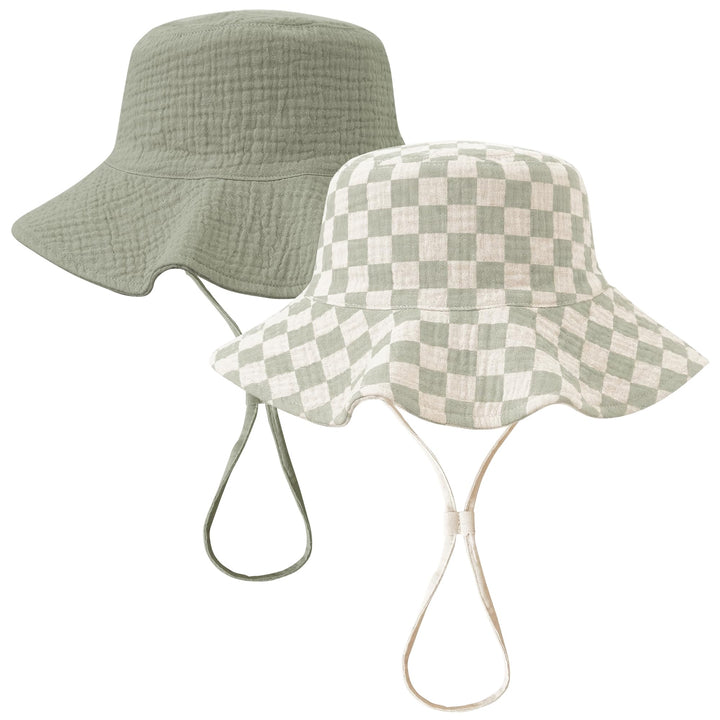 Konssy 2-Pack Muslin Baby Girl Sun Hats with Wide Brim, UPF 50+, 0-6& 6-12M - Fog Green-green Plaid - image 1