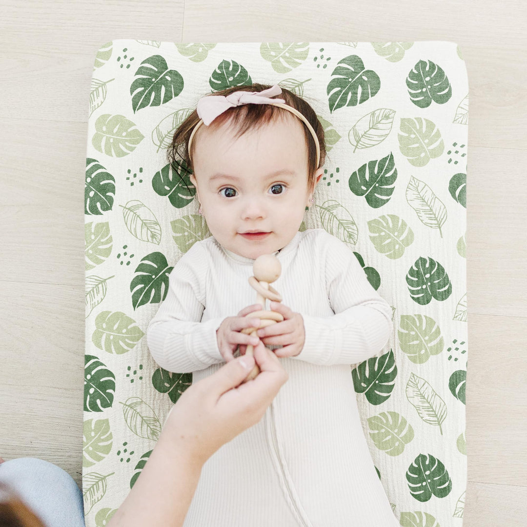 Konssy 100% Cotton Muslin Changing Pad Cover 2 Pack, 32"x16" Standard Fit - Sage Green,Leaf - image 2