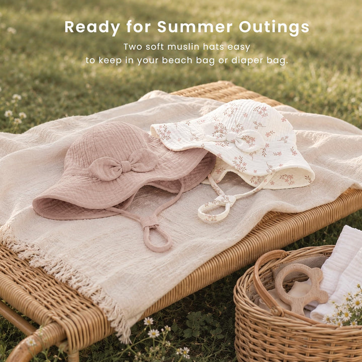 Konssy 2-Pack Muslin Baby Sun Hats for Girls with Bows, UPF 50+ - Soft Blooms Taupe - image 5