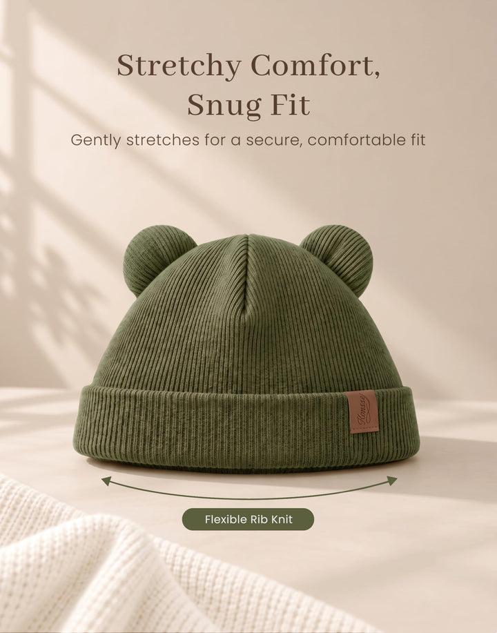 Konssy 4 Pack Baby Beanies with Bear Ear Winter Hat for Newborn 0-6 Months - Army Green - image 9