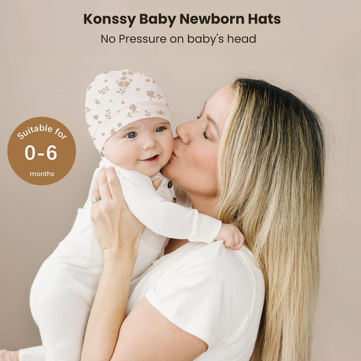 Konssy 6 Pack Baby Newborn Hats, Soft Beanie Hat for Infant Boys Girls 0-6M - Floral - image 2