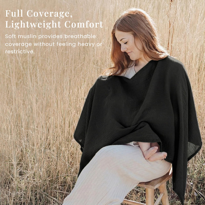 Konssy Muslin Nursing Cover for Women, 360° Full Privacy Poncho - Black - image 4