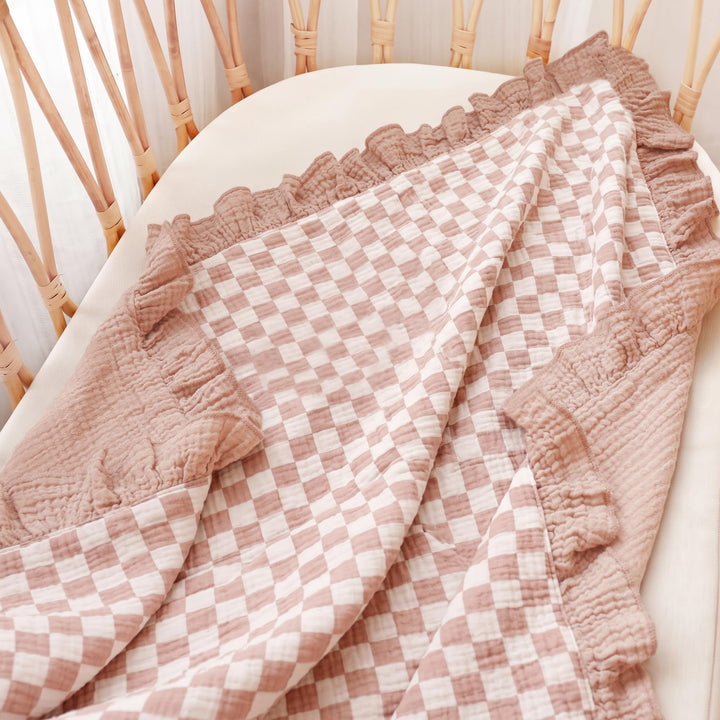 Konssy 100% Cotton Muslin Baby Blanket with Ruffle Trim for Girls, 43"x39" - Rosy Check - image 4