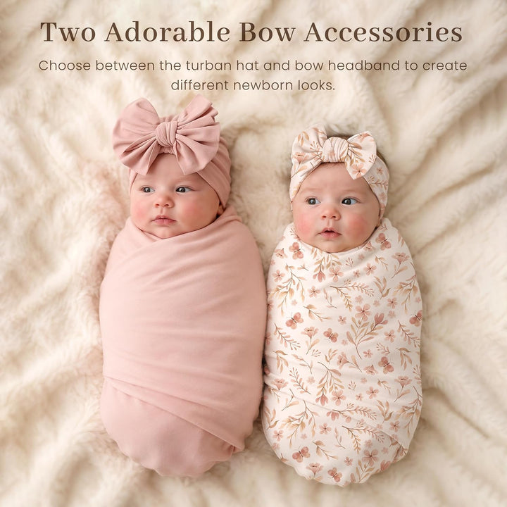 Konssy Baby Swaddle Blanket Set for Girl, 4-Piece Newborn Receiving Blanket/Soft & Stretchy, Matching Bow Hat, Headband and Wooden Sign, Floral & Solid, Newborn Photos and Birth Announcements