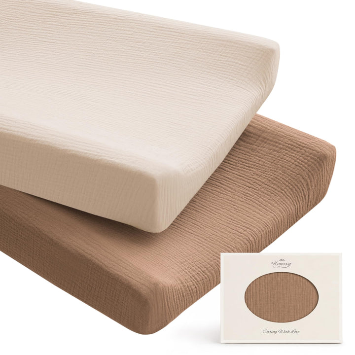Konssy 100% Cotton Muslin Changing Pad Cover 2 Pack, 32"x16" Standard Fit - Brown,Cream - image 1