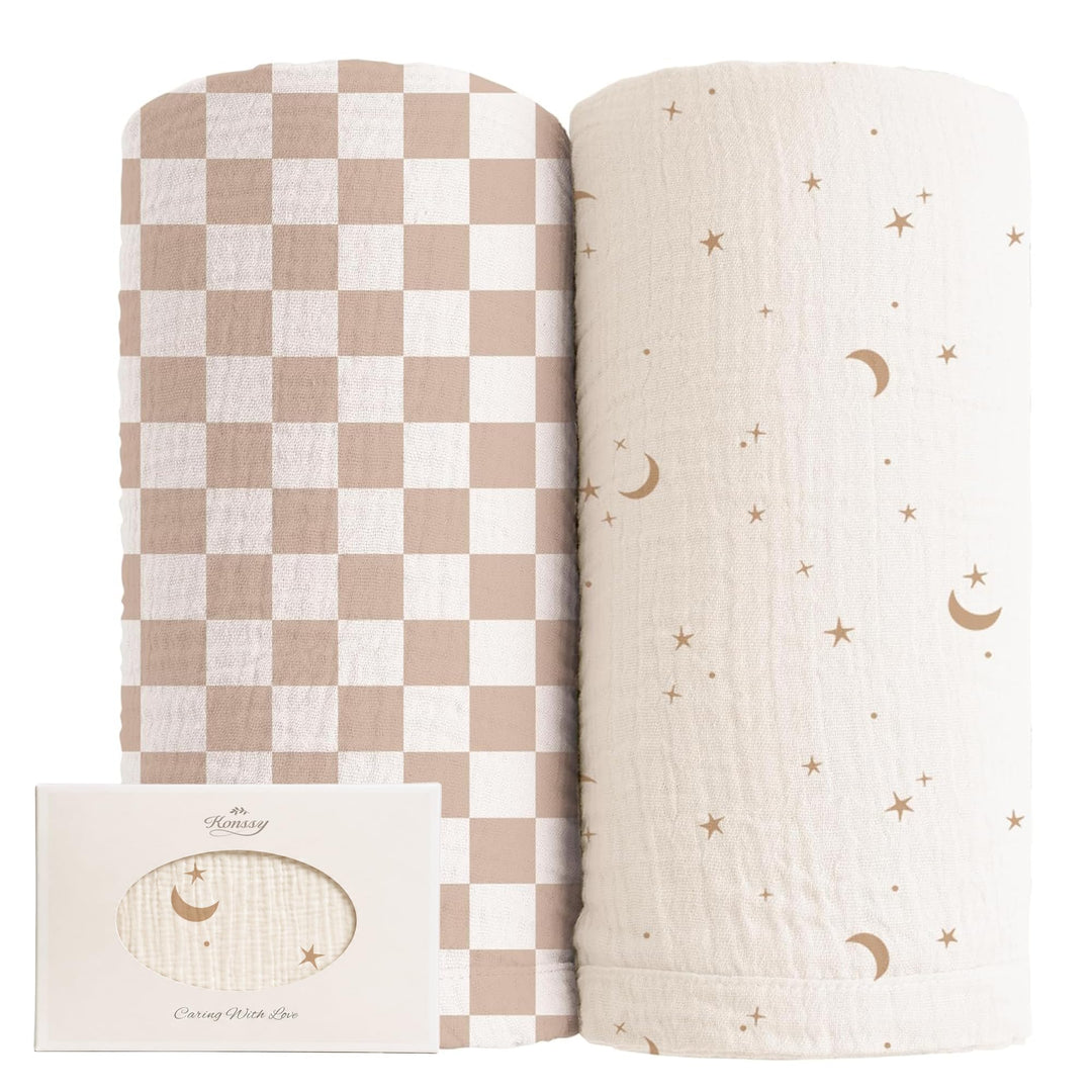 Konssy Muslin Swaddle Blankets, 100% Cotton Receiving Blankets, 47"x 47" - Coffee Check,Moon - image 1