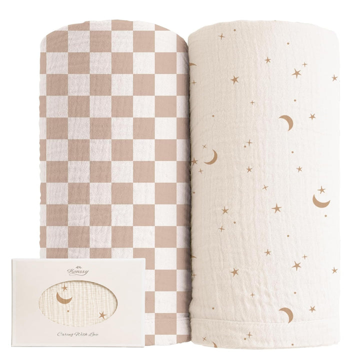 Konssy Muslin Swaddle Blankets, 100% Cotton Receiving Blankets, 47"x 47" - Coffee Check,Moon - image 1