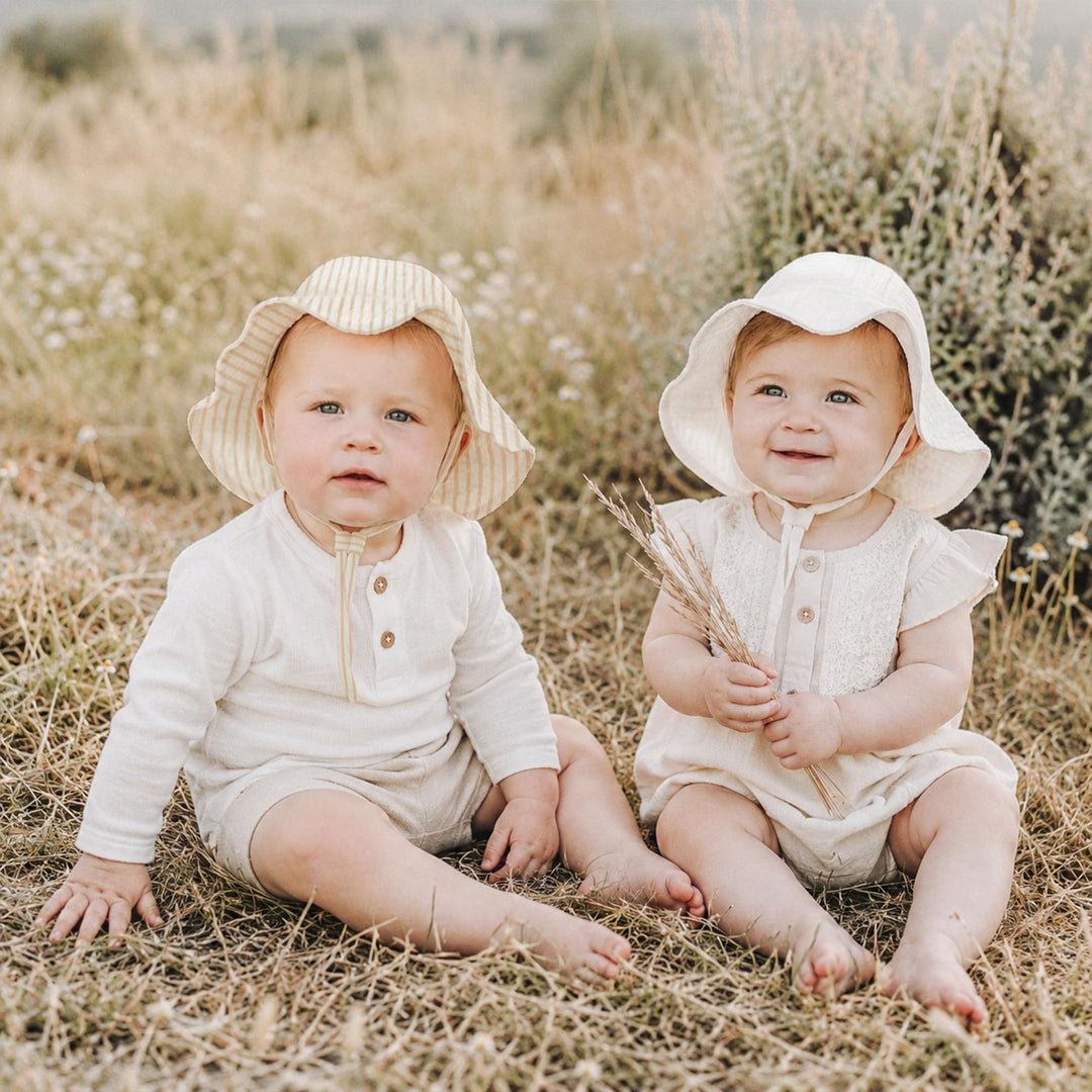 Konssy 2-Pack Muslin Baby Girl Sun Hats with Wide Brim, UPF 50+, 0-6& 6-12M - Apricot Stripe-white - image 4