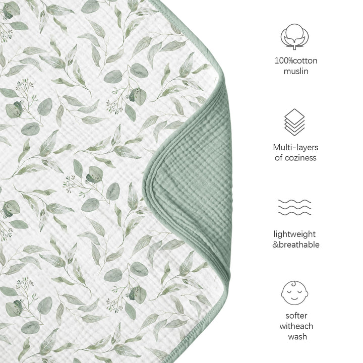 Konssy 100% Cotton Muslin Baby Blanket for Girls Boys, 40"x36"   - Green Leaves - image 4