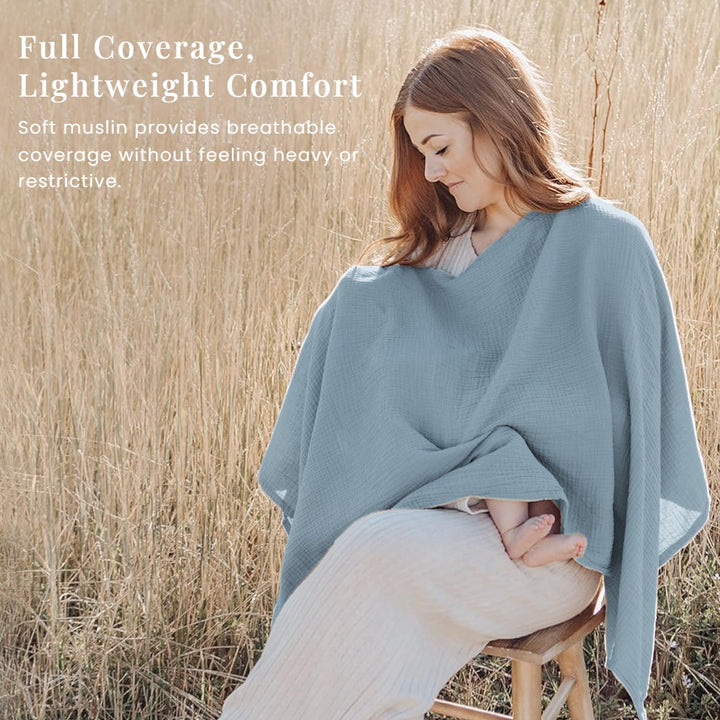 Konssy Muslin Nursing Cover for Women, 360° Full Privacy Poncho - Blue - image 3