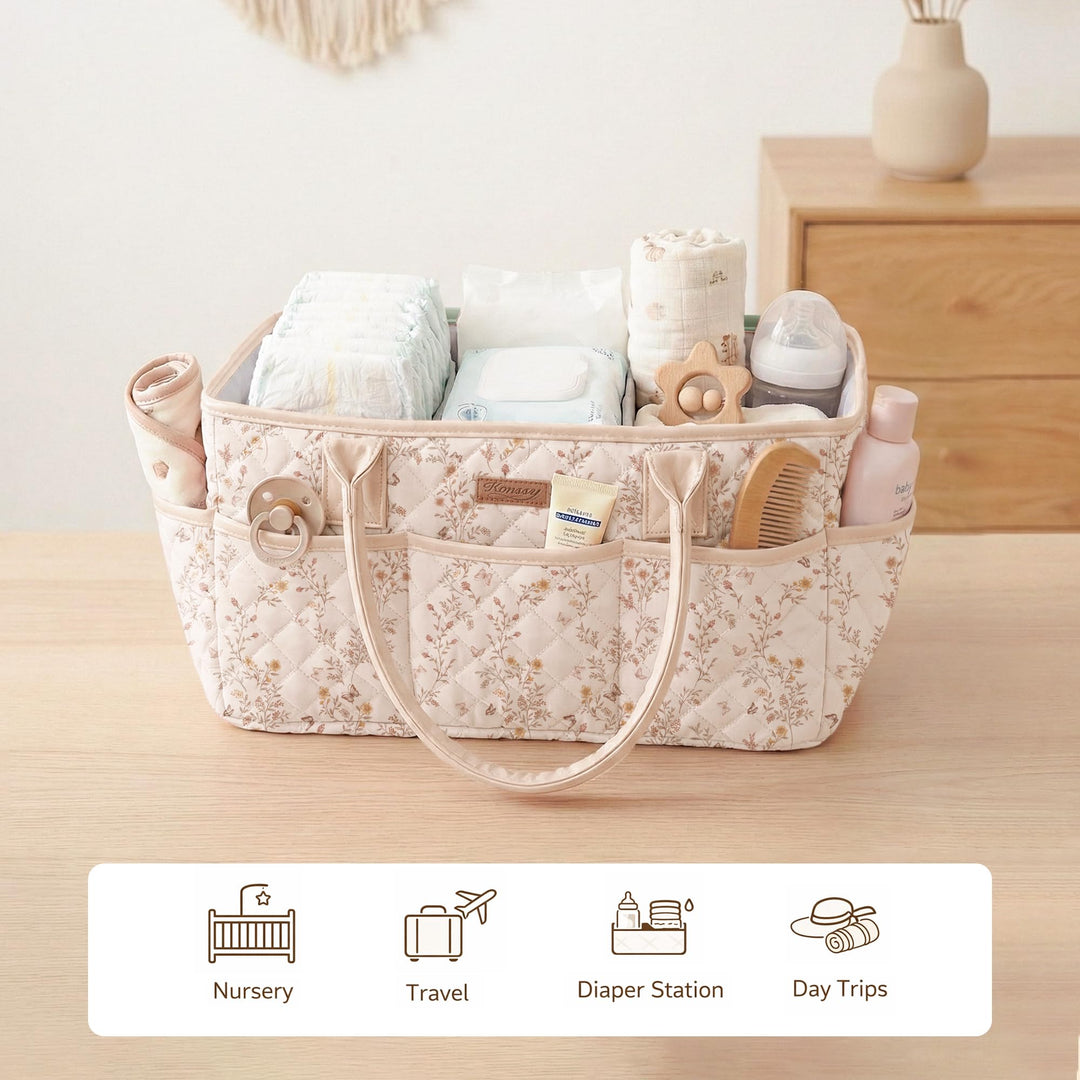 Konssy Baby Diaper Caddy Organizer, Floral Design with PU Leather Handles - Floral - image 7