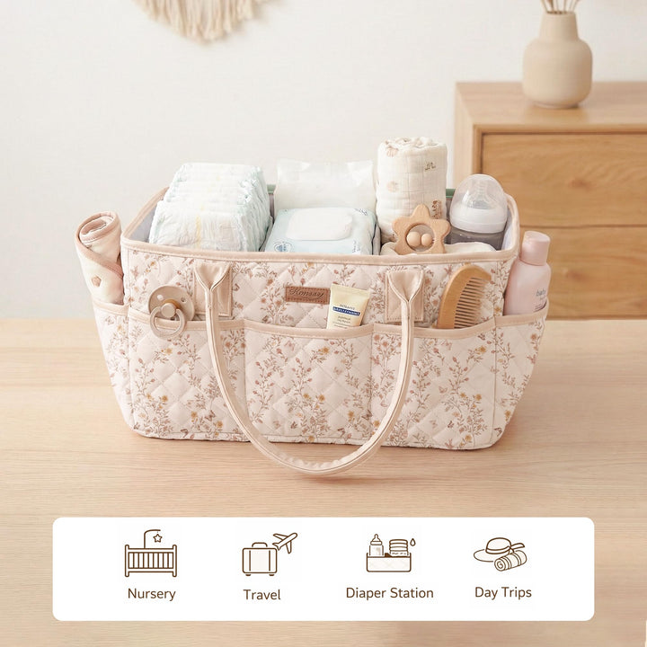 Konssy Baby Diaper Caddy Organizer, Floral Design with PU Leather Handles - Floral - image 7
