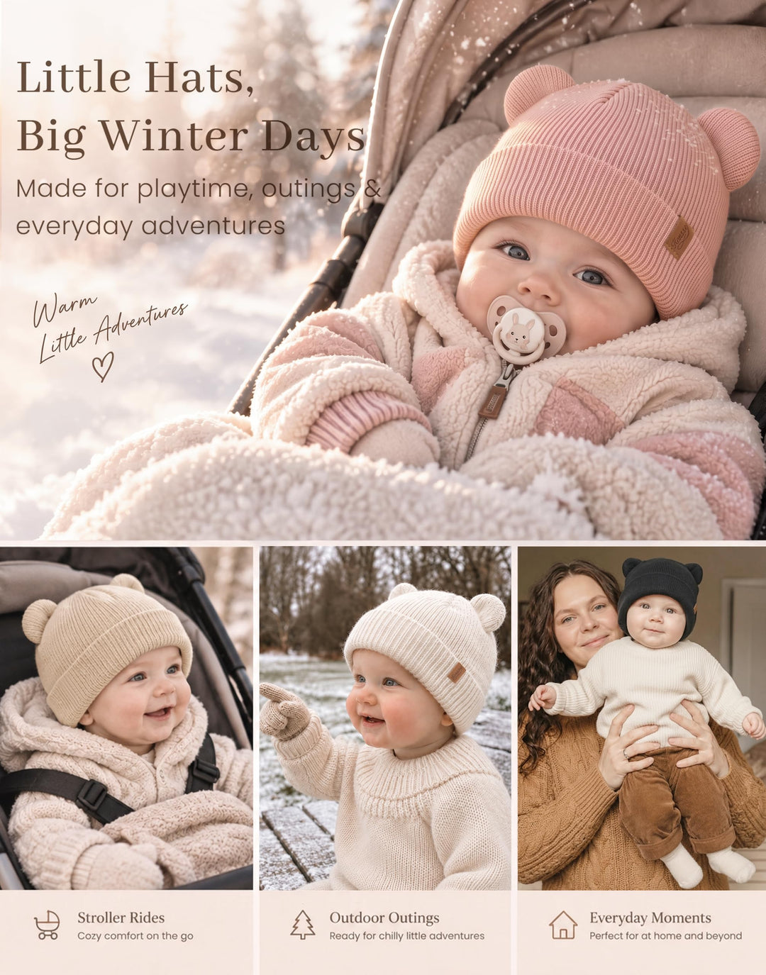 Konssy 4 Pack Baby Beanies with Bear Ear Winter Hat for Newborn 0-6 Months - Pink - image 3
