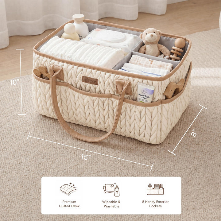 Konssy Baby Diaper Caddy Organizer, Braided Quilted Design with PU Handles - Braided Brown - image 5