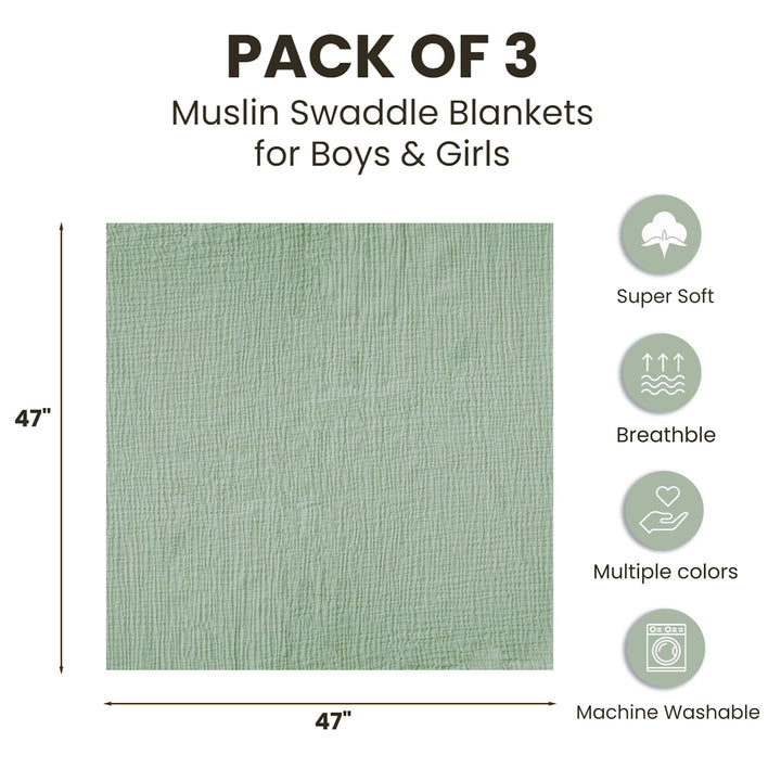 Konssy 3-Pack Muslin Baby Swaddle Blankets, 47 x 47 In Receiving Blankets - Green Leaves - image 8