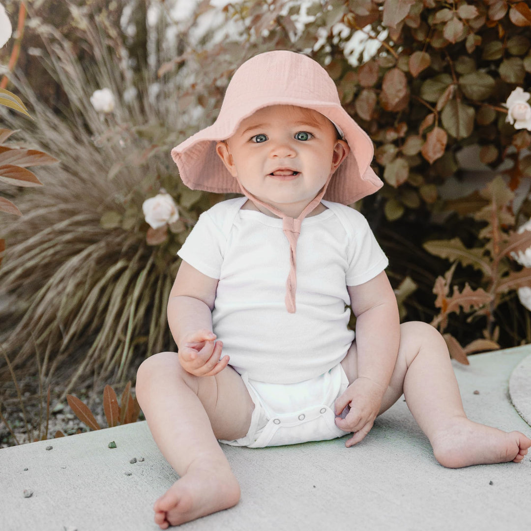 Konssy 2-Pack Muslin Baby Girl Sun Hats with Wide Brim, UPF 50+, 0-6& 6-12M - Pink-floral - image 7